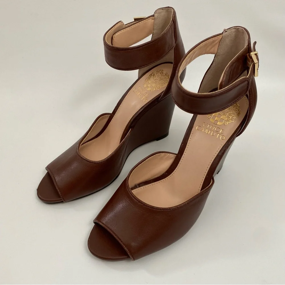 Vince Camuto Peep Toe Wedge Ankle Strap Size 7 Brown Heeled Sandals Women’s - Picture 11 of 14